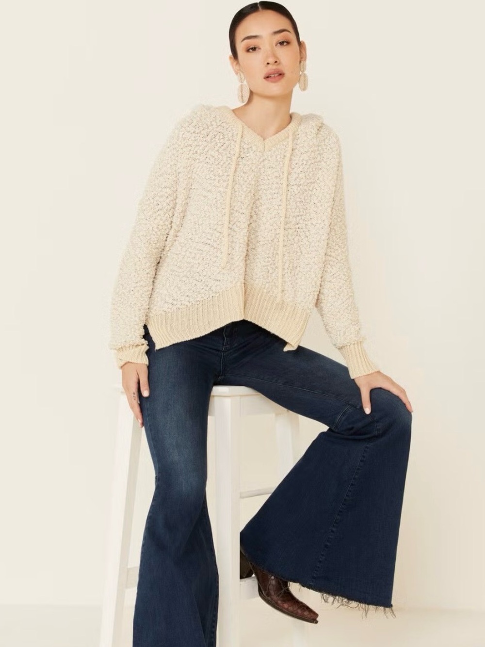 POL Small Oatmeal Textured Chunky Popcorn Tunic Hoodie Sweatshirt Bohemian